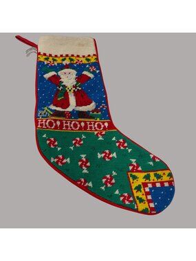 Mary Engelbreit Christmas Stocking As Is Hand-Stitched Needlepoint Santa Ho Ho